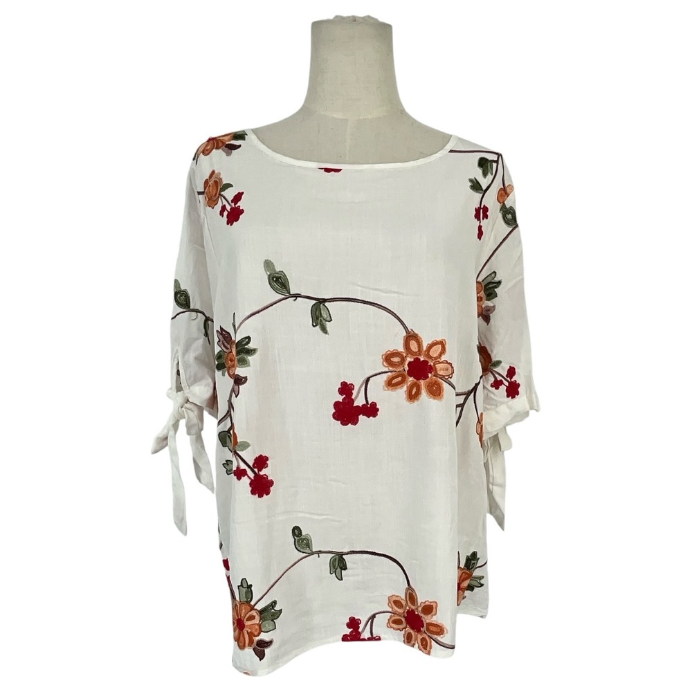 Liv Los Angeles Floral Embroidered Tie Sleeve Blouse‎ White PXL Anthropologie